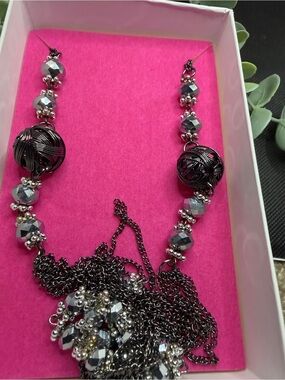 Gunmetal Crystal Tassel Statement Necklace Long Multi Strand Beaded Necklace